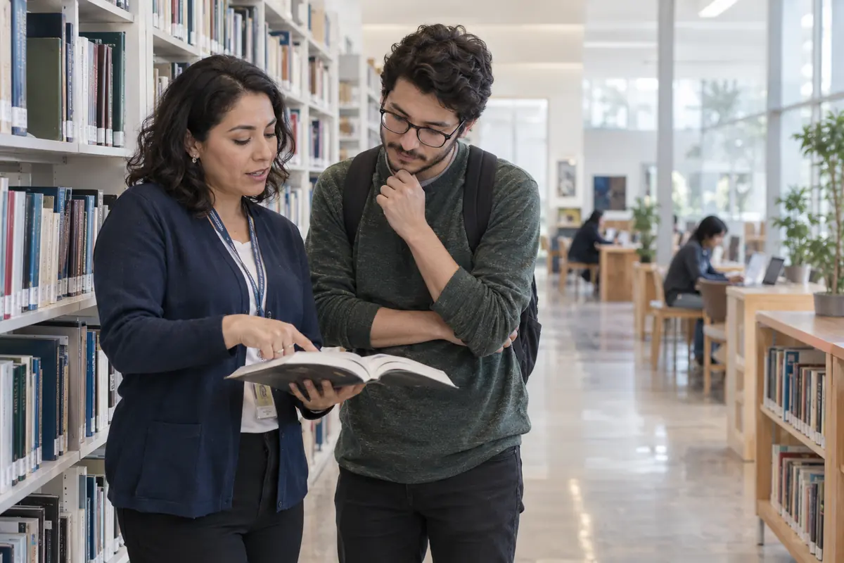 Escena ilustrativa de una bibliotecaria acompañando a un estudiante entre los libros