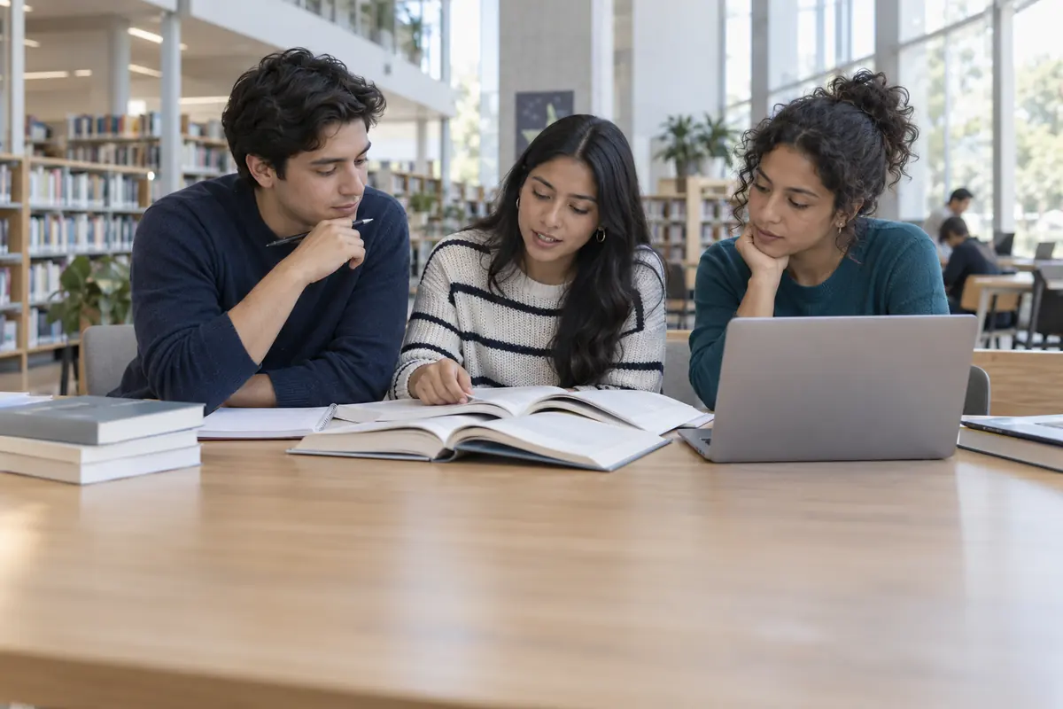 Escena ilustrativa de estudiantes investigando juntos en una biblioteca universitaria
